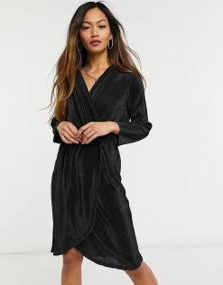Y.A.S Plisse Mini Dress With Wrap Front And 3/4 Length Sleeves In Black For Women -Women's Y.A.S Sales Shop unnamed file 749