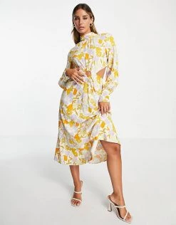 Y.A.S Exclusive Midi Dress With Cut Outs And Ring Detail In Floral Print For Women