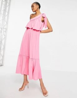 Y.A.S Midi One Shoulder Dress With Tie And Layered Top In Pink For Women