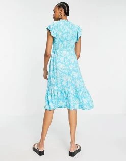 Y.A.S Midi Dress With High Neck A Flutter Sleeve In Blue Floral Print For Women Aqua Recolour -Women's Y.A.S Sales Shop unnamed file 761