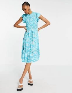 Y.A.S Midi Dress With High Neck A Flutter Sleeve In Blue Floral Print For Women Aqua Recolour -Women's Y.A.S Sales Shop unnamed file 763