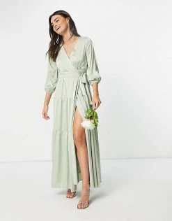 Y.A.S Bridesmaid Maxi Dress With Cut Out Back And Wrap Front In Sage Green For Women Pale Green -Women's Y.A.S Sales Shop unnamed file 768