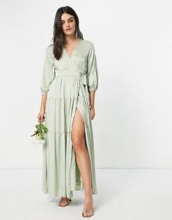 Y.A.S Bridesmaid Maxi Dress With Cut Out Back And Wrap Front In Sage Green For Women Pale Green -Women's Y.A.S Sales Shop unnamed file 769