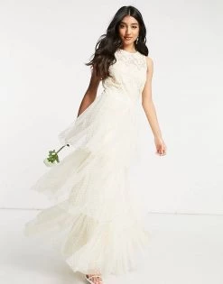 Y.A.S Bridal Maxi Dress With Lace Top And Tulle Tiered Skirt In Ivory For Women