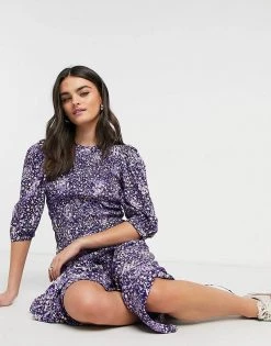Y.A.S Midi Dress With Shirred Detail And Puff Sleeve In Floral Print For Women Purple Floral