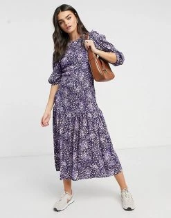 Y.A.S Midi Dress With Shirred Detail And Puff Sleeve In Floral Print For Women Purple Floral -Women's Y.A.S Sales Shop unnamed file 793