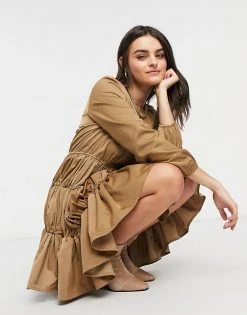 Y.A.S Mini Dress With Gathered Tiering In Camel For Women Warm Taupe -Women's Y.A.S Sales Shop unnamed file 803