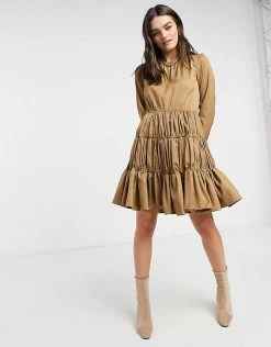 Y.A.S Mini Dress With Gathered Tiering In Camel For Women Warm Taupe -Women's Y.A.S Sales Shop unnamed file 804