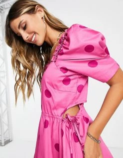 Y.A.S Cut Out Puff Sleeve Midi Dress In Bright Pink Spot For Women 9 Y.A.S Cut Out Puff Sleeve Midi Dress In Bright Pink Spot For Women -Women's Y.A.S Sales Shop unnamed file 82