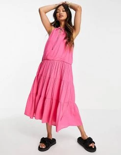 Y.A.S Midi Sleeveless Dress With Tie Neck And Tiered Skirt In Pink For Women Fandango Pink