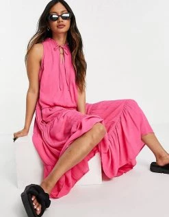 Y.A.S Midi Sleeveless Dress With Tie Neck And Tiered Skirt In Pink For Women Fandango Pink -Women's Y.A.S Sales Shop unnamed file 873