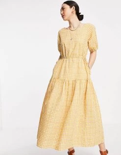 Y.A.S Maxi Skater Dress In Tan Gingham For Women -Women's Y.A.S Sales Shop unnamed file 888