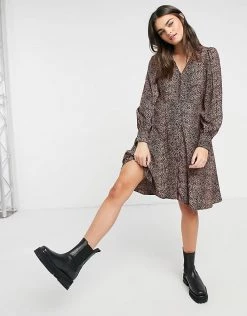 Y.A.S Mini Skater Dress With V Neck In Brown Animal Print For Women Multi