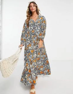 Y.A.S Long Sleeve V Neck Printed Floral Maxi Dress For Women Navy Blazer