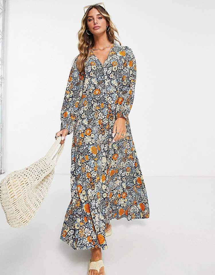 Y.A.S Long Sleeve V Neck Printed Floral Maxi Dress For Women Navy Blazer 3 Y.A.S Long Sleeve V Neck Printed Floral Maxi Dress For Women Navy Blazer