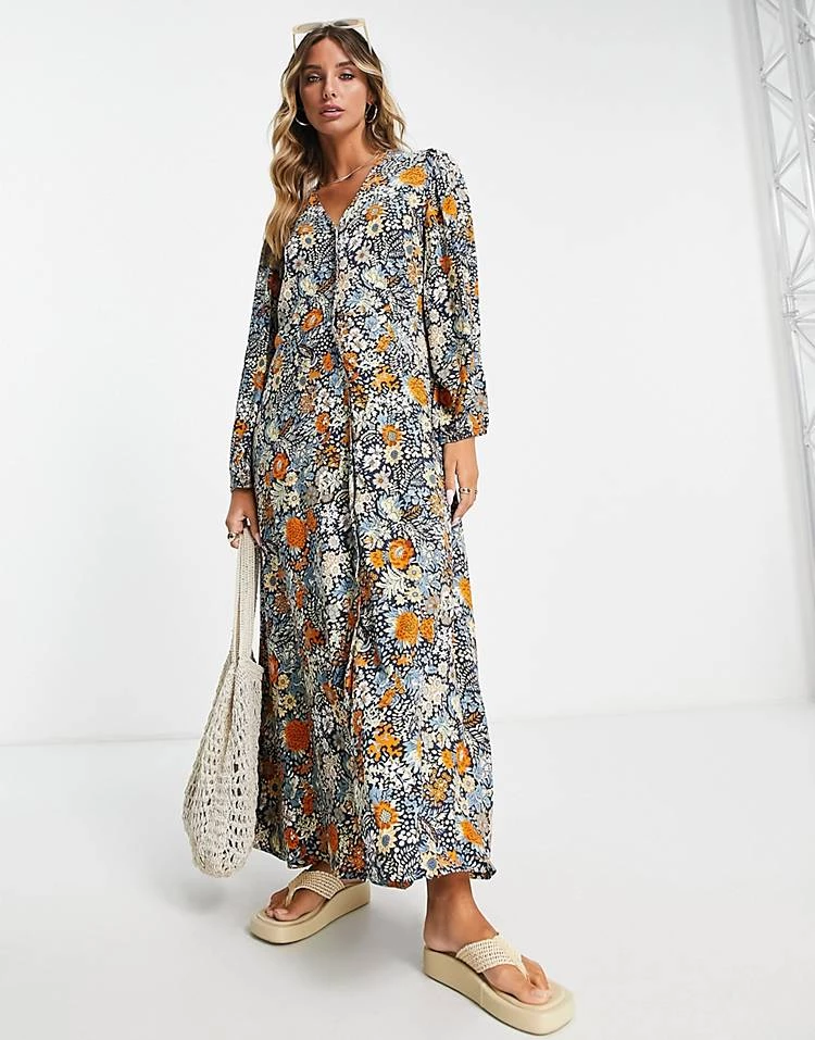 Y.A.S Long Sleeve V Neck Printed Floral Maxi Dress For Women Navy Blazer 6 Y.A.S Long Sleeve V Neck Printed Floral Maxi Dress For Women Navy Blazer - Image 4