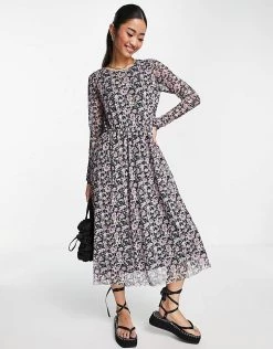 Y.A.S Philly Printed Mesh Midi Dress In Purple For Women Purple Flower Aop -Women's Y.A.S Sales Shop unnamed file 948