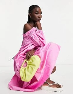 Y.A.S Off The Shoulder Cotton Poplin Dress In Pink For Women Fuchsia Pink